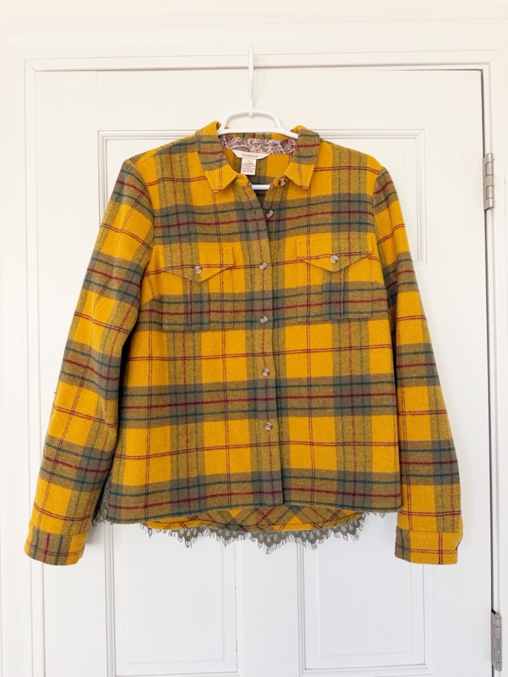 SUNDANCE yellow plaid button down shirt size 8 wool blend lace back shacket